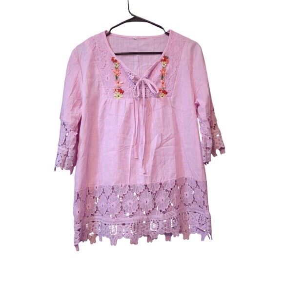 Women's Tunic Front Tie Lite Lavender Crochet Lace Embroidered Top Sz Sm Peasant - Picture 1 of 10